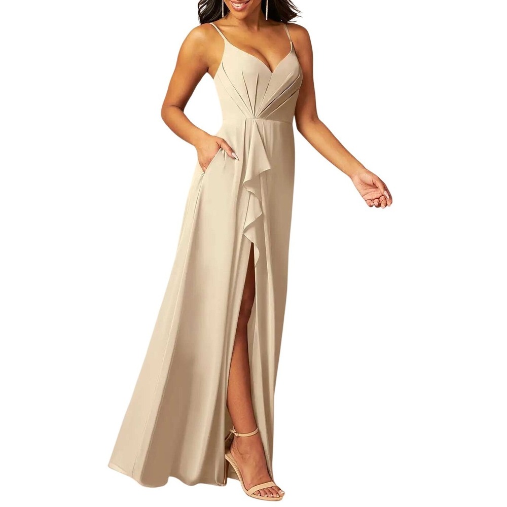 Azazie Kyedae Sand Bridesmaid Maxi Dress A4 Champagne Taupe Formal Size 4